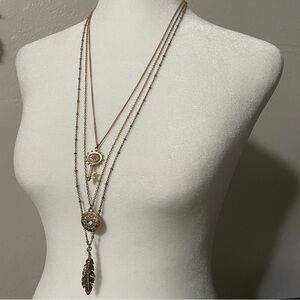 3 Layered Necklaces - Key, feather and Disk Charms Set in gold & faux diamonds 💎